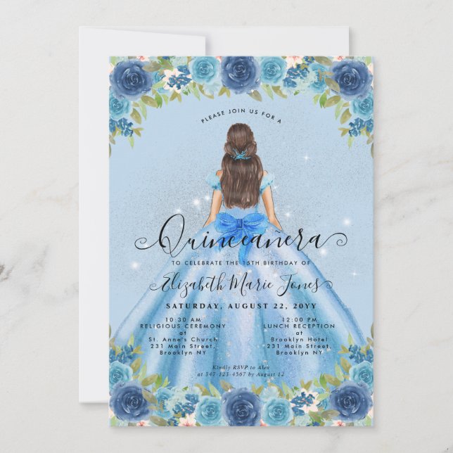 Invitación Floral Dusty Blue Silver Glam Princesa Quinceanera (Anverso)
