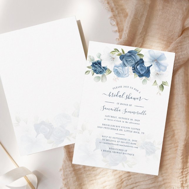 Invitación Floral Dusty Blue Watercolor Foliage Bridal Shower (Dusty Blue Floral Watercolor Script Bridal Shower Invitation)