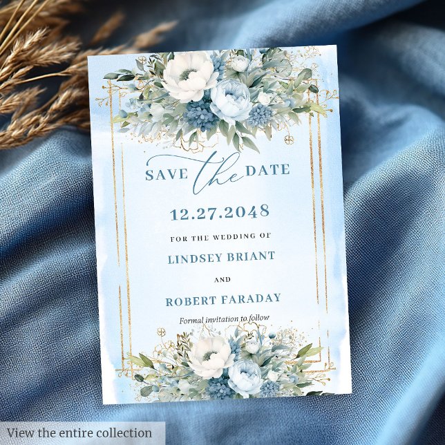 Invitación Floral Dusty Blue White Gold Flores Salvar La Fech (Floral Dusty Blue White Gold Flowers Save The Date)