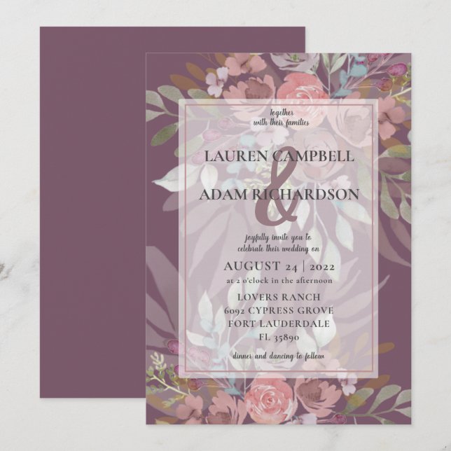 Invitación Floral Dusty Burgundy Ampersand Boda (Anverso / Reverso)
