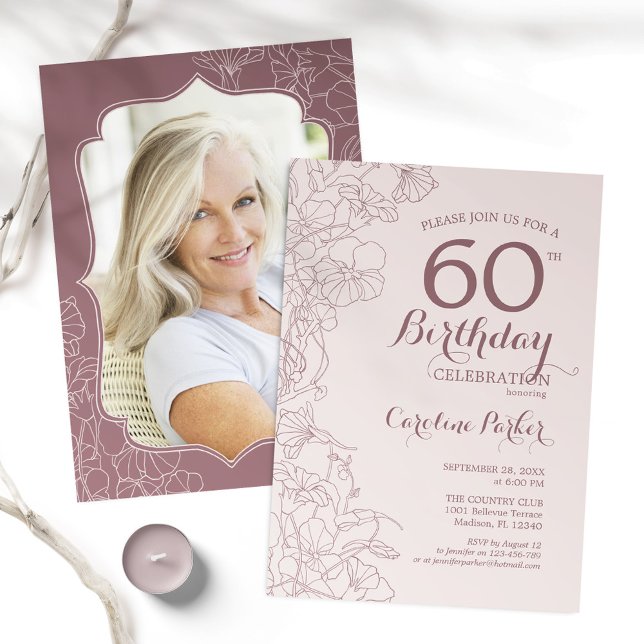 Invitación Floral Dusty Pink Foto 60th Birthday Party (Subido por el creador)