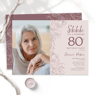 Invitación Floral Dusty Pink Surprise Foto 80º cumpleaños