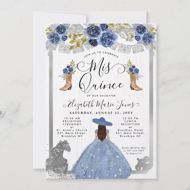 Invitación Floral Dusty Plata Azul Caballo Charra Quinceanera (Anverso)