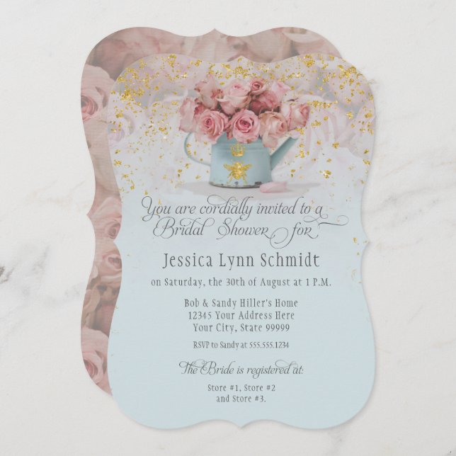 Invitación Floral Dusty Rosa Bee Gold Blue Bridal Shower (Anverso / Reverso)