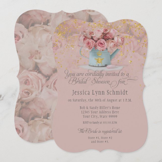 Invitación Floral Dusty Rosa Bee Gold Purpurina Bridal Shower (Anverso / Reverso)