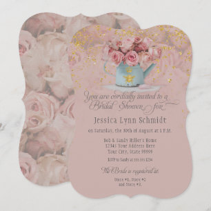Invitación Floral Dusty Rosa Bee Gold Purpurina Bridal Shower