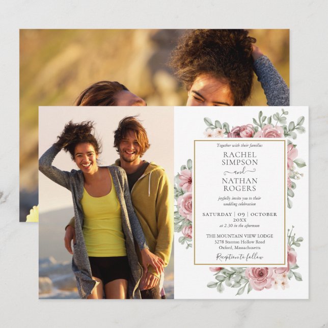 Invitación Floral Dusty Rosa Gold 2 Fotos Boda (Anverso / Reverso)