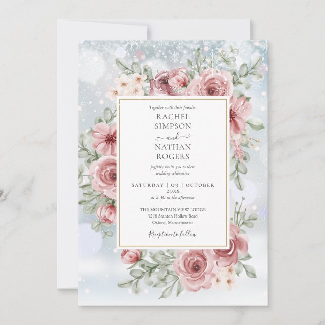 Invitación Floral Dusty Rosa Gold Boda de Invierno (Anverso)