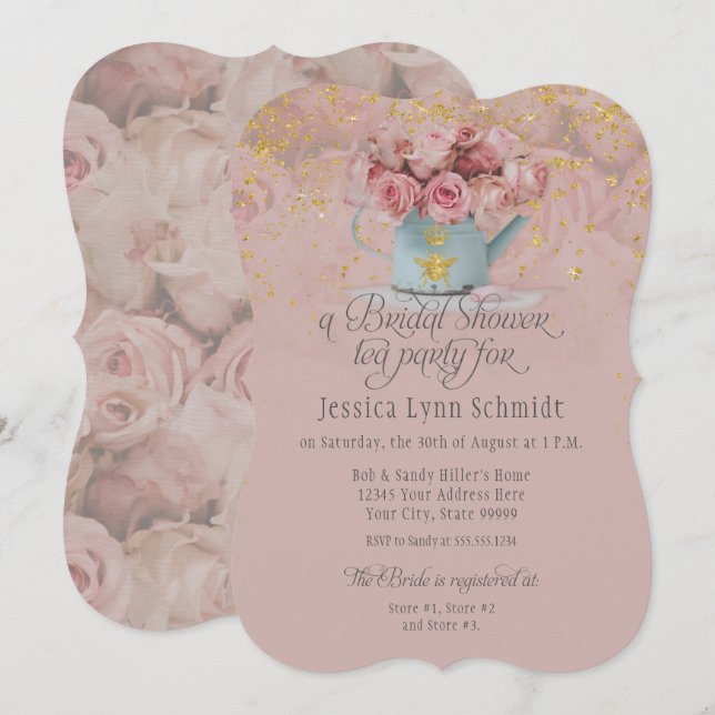 Invitación  Floral Dusty Rosa Gold Purpurina Bridal Ducha Té  (Anverso / Reverso)