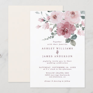 Invitación Floral Dusty Rosa Rosa Borgoña Boda de Marfil