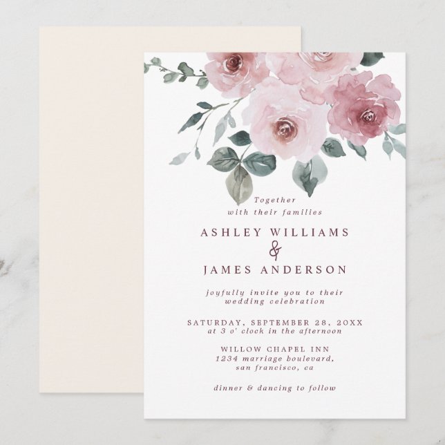 Invitación Floral Dusty Rosa Rosa Borgoña Boda de Marfil (Anverso / Reverso)