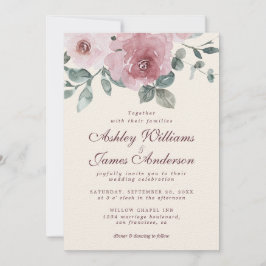 Invitación Floral Dusty Rosa Rosa Borgoña Boda de Marfil