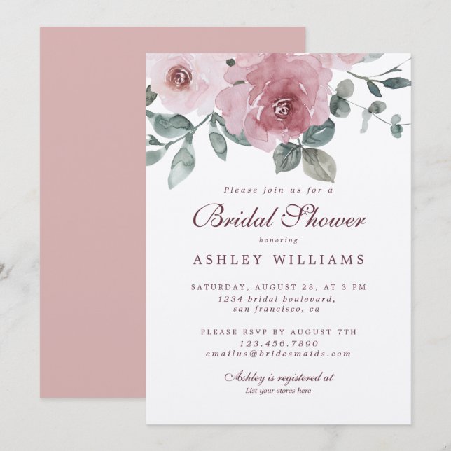 Invitación Floral Dusty Rosa Rosa Borgoña Ducha de novia (Anverso / Reverso)