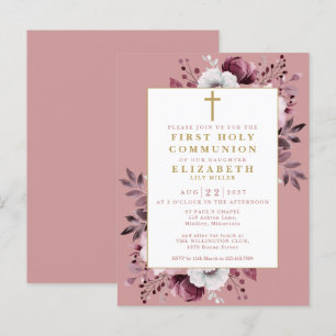 Invitación floral Dusty Rose para la Primera Comun