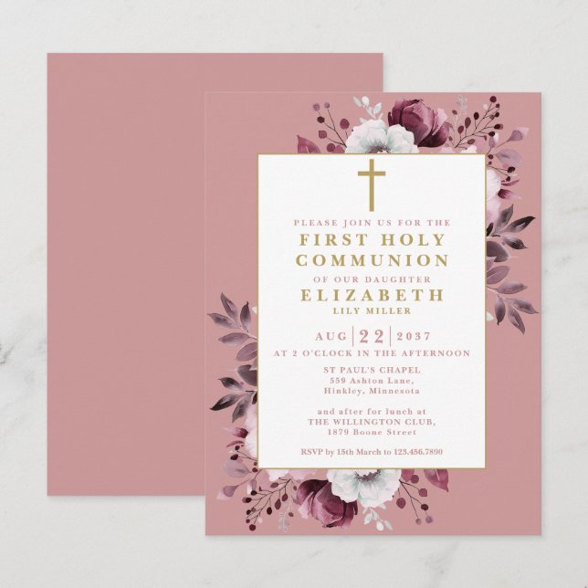 Invitación floral Dusty Rose para la Primera Comun (Anverso / Reverso)