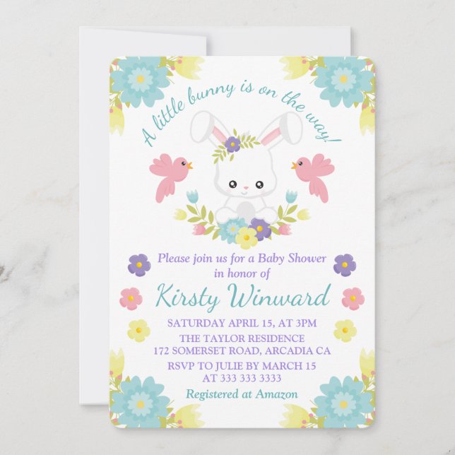 Invitación Floral Easter Bunny & Spring Birds Baby Shower (Anverso)