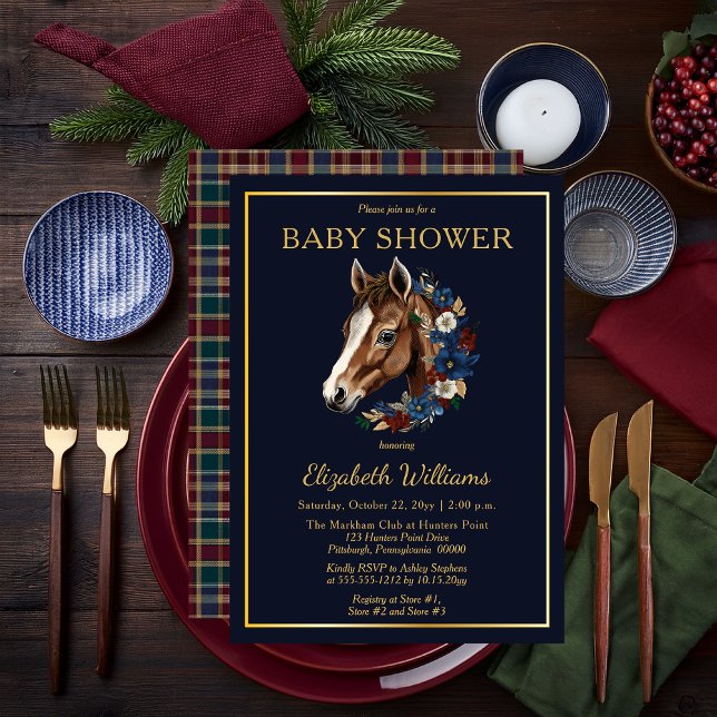 Invitación Floral ecuestre preppy | Reproducir Baby Shower (Charming Classic Preppy Equestrian Foal and Floral Wreath | Plaid Background Boy Baby Shower Invite)