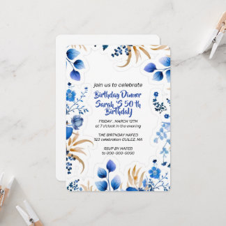 Invitación floral editable de bebé azul y plata,
