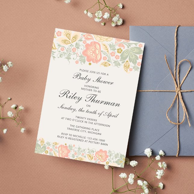 Invitación Floral Elegance Peach Rubor Sage Baby Shower (Subido por el creador)