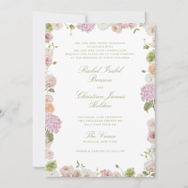 Invitación Floral Elegance Pink Green Frame Wedding (Anverso)