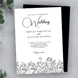 Invitación Floral Elegant Black White Wildflowers Wedding