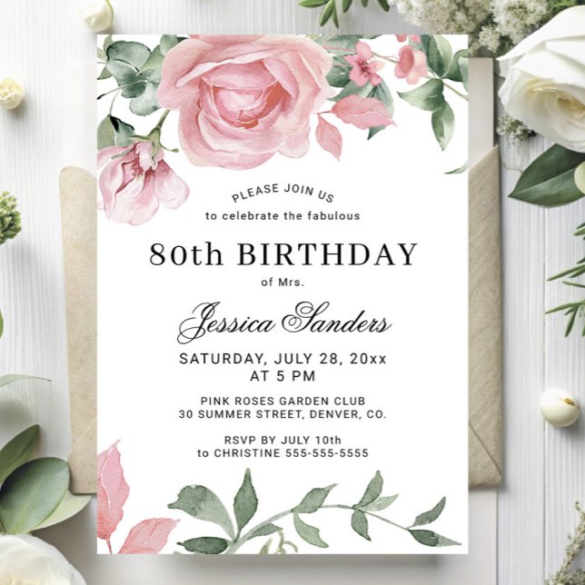Invitación Floral elegant pink roses 80th birthday party (Subido por el creador)