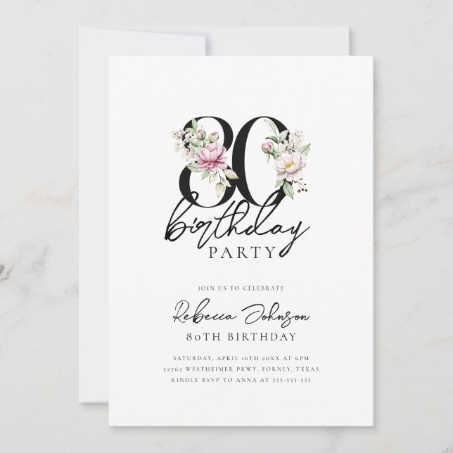 Invitación Floral Elegante 80 cumpleaños (Anverso)
