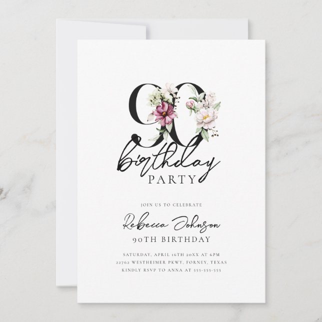 Invitación Floral Elegante 90 cumpleaños (Anverso)
