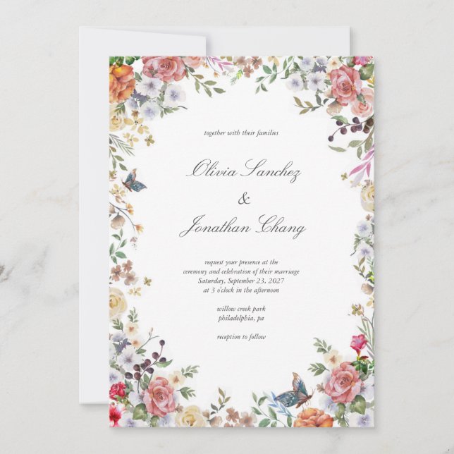 Invitación Floral Elegante Acuarela Todo En Un Boda (Anverso)