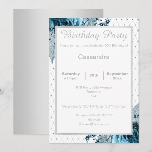 INVITACIÓN FLORAL ELEGANTE AQUA AZUL SILVER NETTING CUMPLEAÑO (Anverso / Reverso)