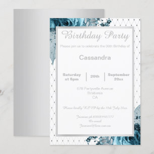 INVITACIÓN FLORAL ELEGANTE AQUA AZUL SILVER NETTING CUMPLEAÑO