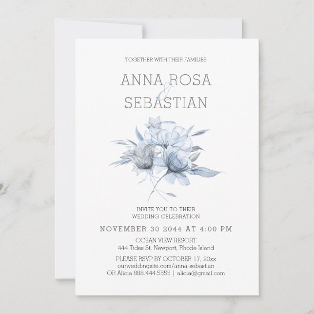Invitación *~* Floral Elegante AR15 Rosa azul BODA RSVP + (Anverso)
