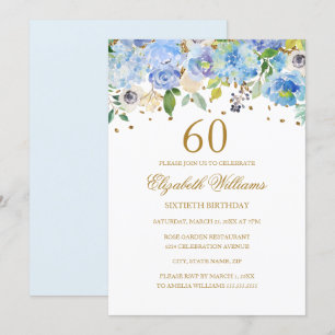 Invitación floral elegante azul dorado para cumple