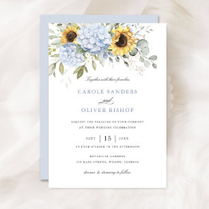 Invitación Floral Elegante Azul Hydrangea Sunflowers Boda