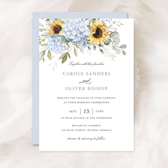 Invitación Floral Elegante Azul Hydrangea Sunflowers Boda (Subido por el creador)