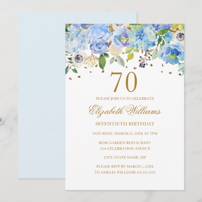 Invitación floral elegante azul oro cumpleaños 70 (Anverso / Reverso)