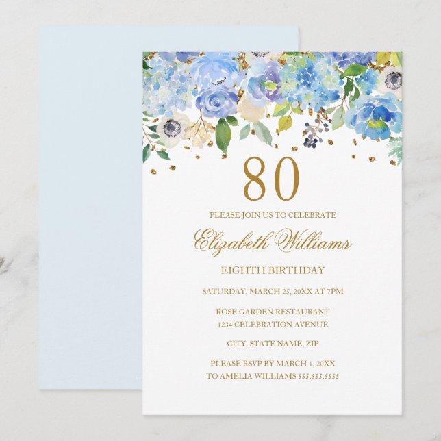 Invitación floral elegante azul oro cumpleaños 80 (Anverso / Reverso)