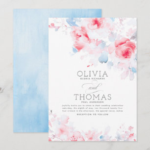 Invitación Floral elegante azul turbio y Boda rosa