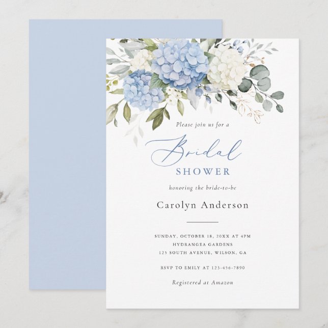 Invitación Floral Elegante Blue Hydrangea Blue Bridal Shower (Anverso / Reverso)
