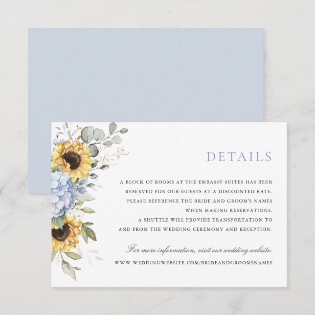Invitación Floral Elegante Blue Hydrangea Sunflowers Detalles (Anverso / Reverso)