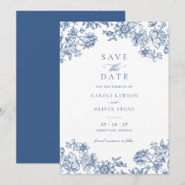 Invitación Floral Elegante Boda Azul Vintage Salva la Fecha