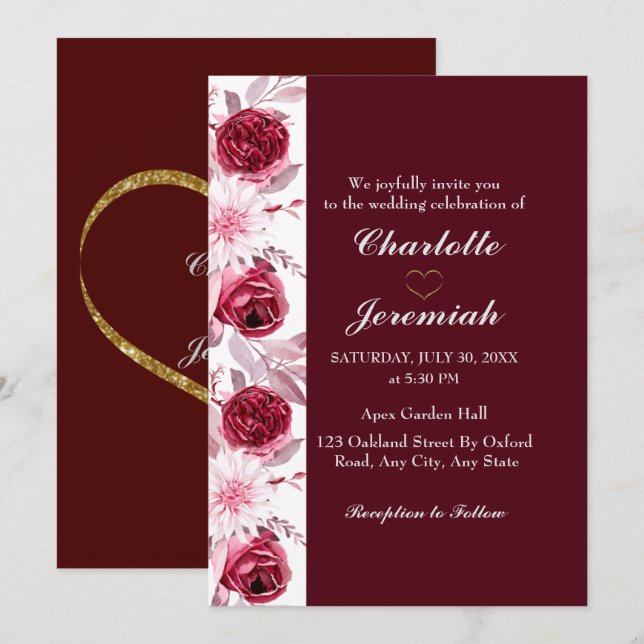 Invitación Floral elegante Boda Rubor de escritura rosa borgo (Anverso / Reverso)