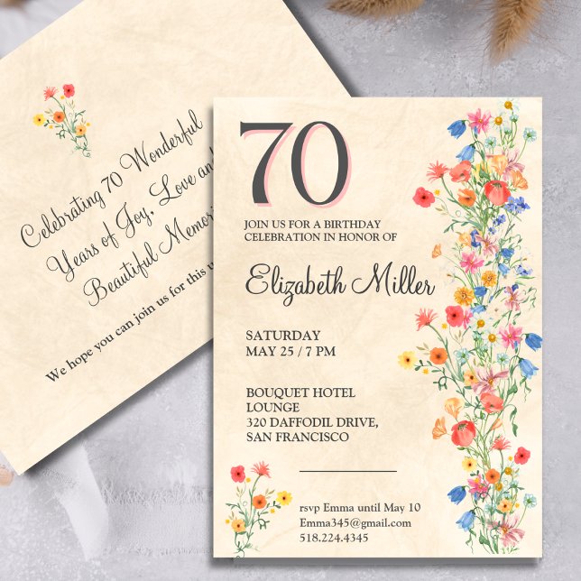 Invitación Floral elegante cumpleaños 70 invita a las flores  (Subido por el creador)