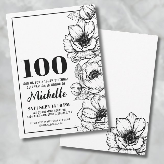 Invitación Floral Elegante Cumpleaños número 100 (Elegant Floral 100th Birthday Invitation)
