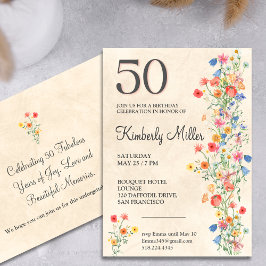 Invitación Floral elegante cumpleaños número 50 invitan a flo