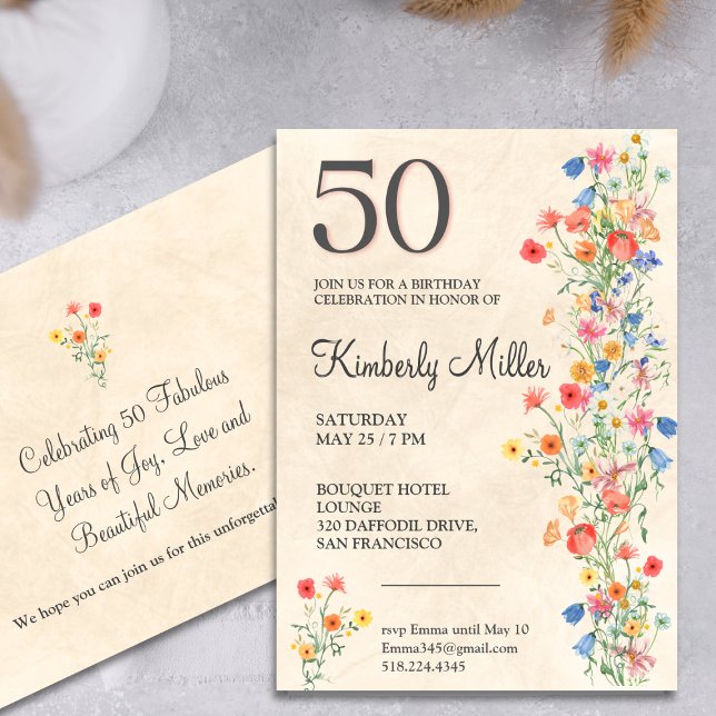 Invitación Floral elegante cumpleaños número 50 invitan a flo (Subido por el creador)