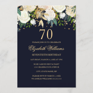 Invitación floral elegante de cumpleaños 70 en azu