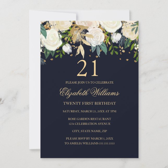 Invitación floral elegante de cumpleaños número 21 (Anverso)