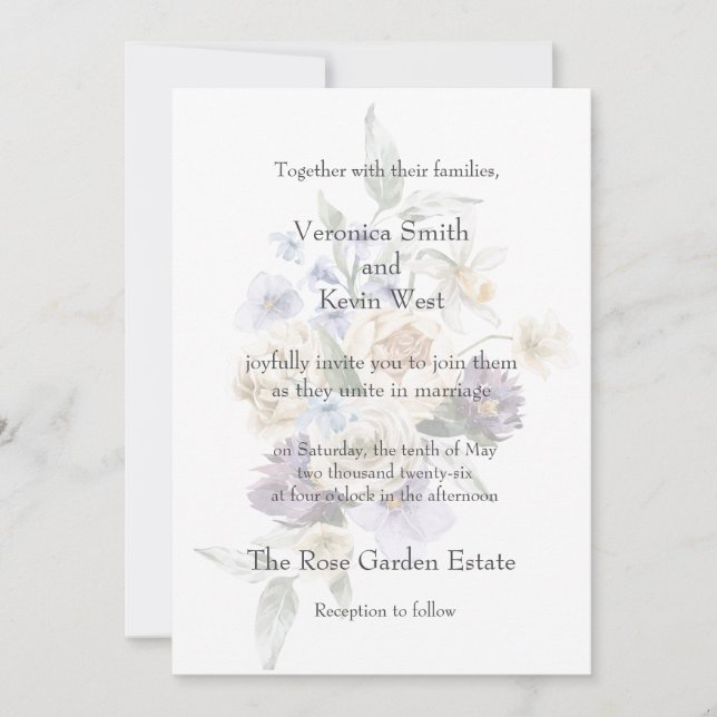 Invitación floral elegante de marfil, lavanda y az (Anverso)