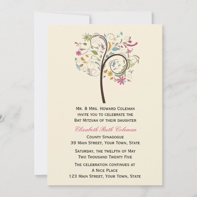 Invitación floral elegante de Mitzvah del palo del (Anverso)